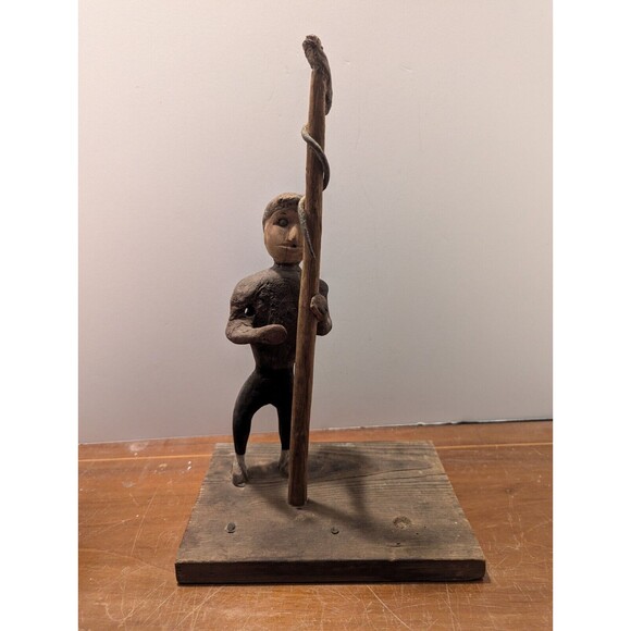 1900's Wood Carved Man With Snake On Pole Folk Art - Picture 4 of 10